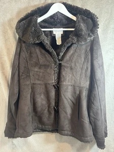 White Stag Brown Faux Suede Shearling Hooded Coat Jacket Women’s L 12/14 Winter - Picture 1 of 8