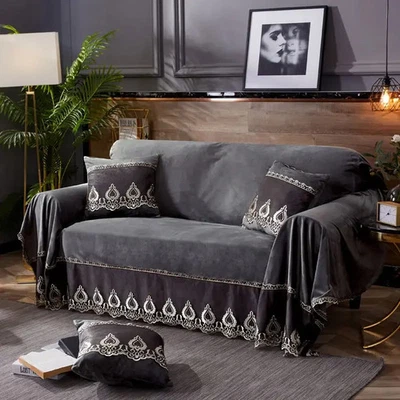 Toalla de sofá de terciopelo suave de 1/2/3/4 plazas moderna con borde de encaje cubierta de sofá antipolvo Foto 1 de 4