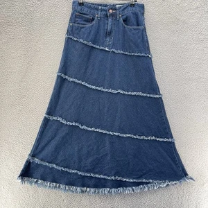 Vintage Nieten & Blau Rock Damen 0 Blau Denim Maxi Stufen A-Linie Japan Y2K Hippie - Bild 1 von 15