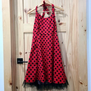 OTEN Rockabilly Pin Up Kleid schwarz rot gepunktet Neckholder zum Binden gesmokt Tüllsaum XL - Bild 1 von 12