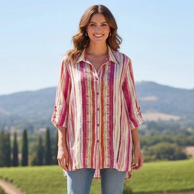 Camisa con botones de mezcla de lino Napa Valley para mujer XL blanca rosa bordada a rayas Foto 1 de 4