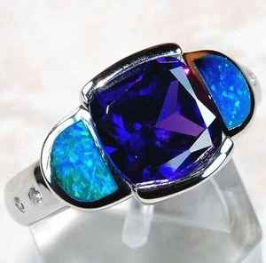 Australian Opal Inlay & Amethyst 925 Sterling Silver Ring Sz 8 - Imagen 1 de 2