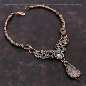 Rose Quartz Stone Rainbow Moonstone Copper Chain Wire Wrapped Elegant Necklace - Picture 1 of 6