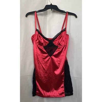 Red Satin Black Lace Trimmed Babydoll Chemise Lingerie Slip Womens  L Underwired - Image 1 of 4