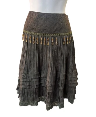 Falda midi Cache para mujer verde mezcla de algodón flecos estilo festival boho talla 12 Foto 1 de 4