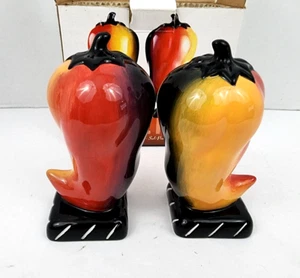 Clay Art Chili Pepper Salt and Pepper Shaker Red Gold Green 5-¼” Tall - Picture 1 of 6