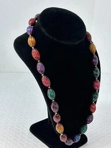 Vintage Harlequin Jewel-Toned Ribbed Texture, Oval Bead Boho 23” Necklace - Picture 1 of 10
