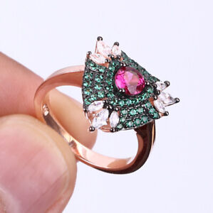 TRIANGLE EMERALD ROSE GOLD COLORED OVER .925 STERLING SILVER RING SIZE 8 #21445