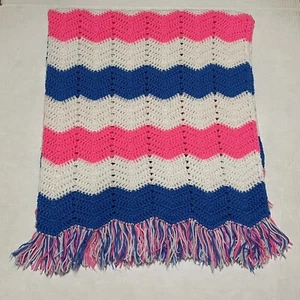VTG Handmade Pink Blue White Chevron Crochet Afghan Blanket ~45x48” Bright Color - Picture 1 of 2
