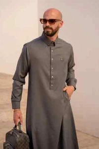 R24 LAWUNG Al-Ameer Adulto Hombre Thobe Diseño Moderno Árabe Jubbah Gris - Imagen 1 de 7