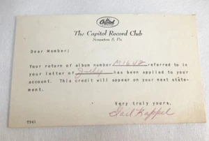 Capitol Record Club Mitglieder Album Return Post Card Juli 1962 Terre Haute Indiana - Bild 1 von 5