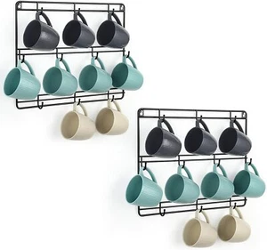 2 Pcs Wall Mounted Coffee Mug Rack Mug Holder Decor Holds Up 20 Teacups Rack Blk - Picture 1 of 7