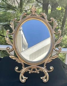 Syroco Gold Tabletop Oval Mirror Beaded Hollywood Regency 17" Tall 13" Wide - Picture 1 of 4