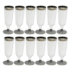 12 Pc Champagne Flute Wedding Party Plastic Silver Rimmed Disposable Wine Glass - Picture 1 of 1