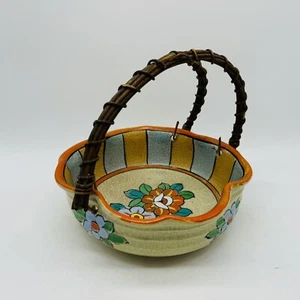 Vintage 8.25” Floral Hand Painted Wicker Handle Hand Basket Ceramic - Picture 1 of 5