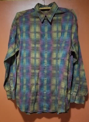 JHANE BARNES Men's Patterned Cotton L/S Shirt M-L 1990s Deep Burgundy/Turquoise - Image 1 of 4