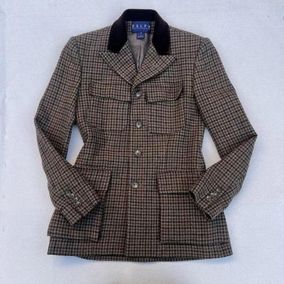 Винтажный Ralph Lauren 1996 Houndstooth 100% шерсти куртка замшевый воротник размер 6 старые деньги - Изображение 1 из 4