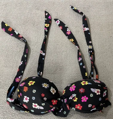 California Waves Bikini Top Womens Small Black Floral Tie Back - Image 1 of 3
