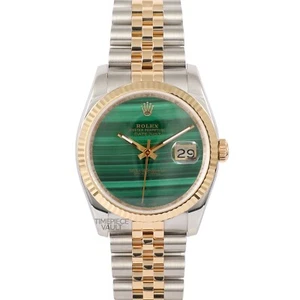 ROLEX MEN DATEJUST 116233 GOLD STEEL 36MM GREEN MALACHITE DIAL 18K FLUTED BEZEL - Picture 1 of 9