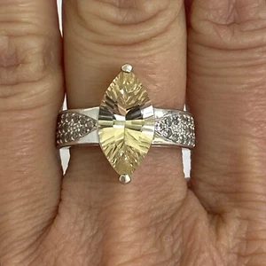 Sterling Silver 925 BBJ Marquise Faceted Yellow CZ & Clear Spinel Accent Ring - Picture 1 of 23