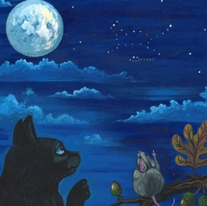 8x8 print of painting RYTA BLACK CAT MOUSE RAT ASTRONOMY Halloween Folk Art 🍁 - Picture 1 of 1