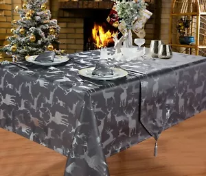 LARGE STAG GREY TABLE CLOTHS METALLIC SILVER DEER REINDEER XMAS SLATE SPARKLE - Picture 1 of 4
