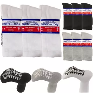 3 PK Mens Non-slip Anti Skid Grip Cotton Crew Non Slip Diabetic Hospital Socks - Picture 1 of 8