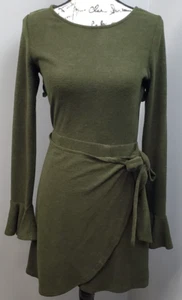 Lulus Sweater Dress Women's S Green Stretch Wrap Tie Waist Bell Sleeve Back Zip - Picture 1 of 11