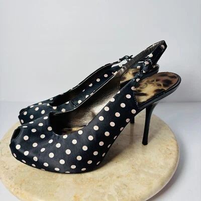 Sam Edelman Evelyn Polka Dot Peep Toe Pumps Sling Back Women's 9 1/2 Black Tan - Image 1 of 4