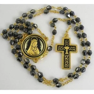 Damascene Gold Rosary Cross Virgin Mary Black Beads by Midas of Toledo Spain - Picture 1 of 3