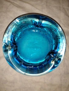 Vintage Blenko 508 Blue Seeded Controlled Bubble Glass Ashtray 1951-53 - Picture 1 of 14
