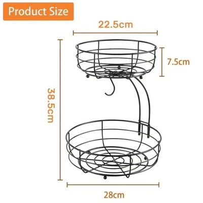 2-Tier Fruit Basket with Banana Hanger-Metal Kitchen Counter Fruit Bowl↔ - Image 1 of 4
