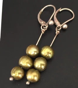 Vintage Earrings MARKED 925 STERLING SILVER Pierced Dangle Green PEARL Leverback - Picture 1 of 4