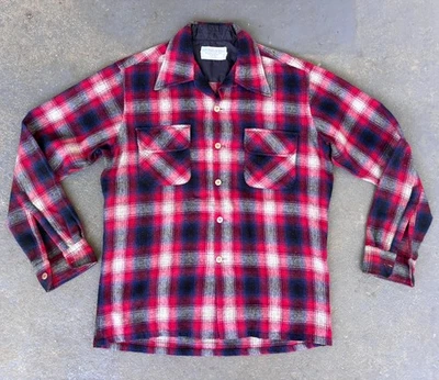 复古 60 年代 JC Penny LOOP 领阴影格子羊毛混纺衬衫。翻盖口袋。M/L — 第 1/4 张图片