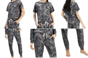 Jenni Short Sleeve T-Shirt Top & Jogger Pants Lounge Set - Grey Swirl Tiedye M - Picture 1 of 18