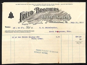 Freed Brothers Richlandtown, PA 1912 Quittung Whiteleather* / Klingelanlage - Bild 1 von 2