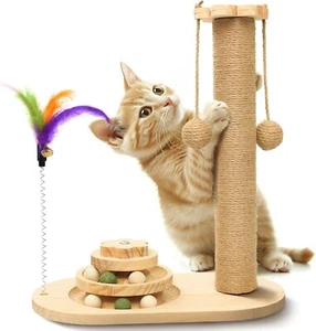 Small Multifunctional Cat Kitten Scratching Post, Solid Wood, 2 Sisal Rope Balls - Picture 1 of 7