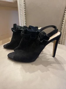 Karl Lagerfeld Paris Size 6.5 Lanka Ruffled Black Suede High Heels Sandals Fab - Picture 1 of 8