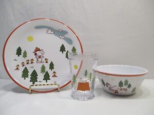William Sonoma Peanuts Camp 3pc Dinnerware Set Cup Bowl Plate Snoopy Woodstock