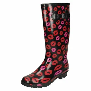 LADIES SPOT ON LIP PRINT WELLIES OUTDOOR FESTIVAL PULL ON WELLINGTON BOOTS X1173 - Picture 1 of 13