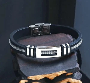 Stainless Steel Faux Leather Men's Bracelet - Picture 1 of 7