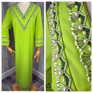 Vintage 1970s Cavanagh Hostess Gown~Beaded MOD Party Dress Chartreuse Green 38b - Picture 1 of 21