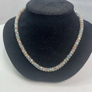 Gloria Vanderbilt Silver Tn Round Mesh Chain Multicolor Crystals Choker Necklace - Picture 1 of 4