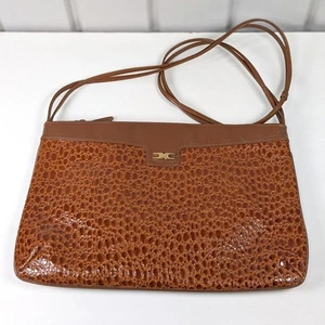 Vintage Sandro Brown Leather Faux Reptile Rectangular Shoulder Bag *READ - Picture 1 of 14