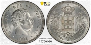 PORTUGAL , CARLOS I SILVER 500 REIS 1891 - PCGS MS 63 ( ST3 ) , RARE - Picture 1 of 1
