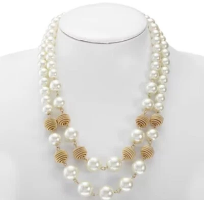 Monet Simulated Pearl Double Layered Gold Ivory/white Beaded Necklace NEW NWT - Image 1 of 4