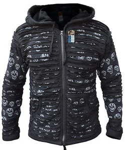 Men's Skull Printed Black Cotton Razorcut Long Hood Jacket Festival Goth Hoodie - Picture 1 of 5