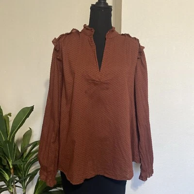 Blusa J Crew XXL Caoba Marrón Punto Suizo Volantes Semi Transparente Ligera Top * Foto 1 de 4