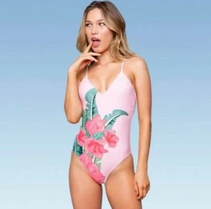 Women's One Piece Swimsuit - Pink Hibiscus Floral - Sugar Coast - Medium #7-pb8 - Picture 1 of 5