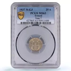 Iceland 25 aurar King Christian X Coinage Near 7 KM-2.1 MS63 PCGS CuNi coin 1937 - Picture 1 of 2